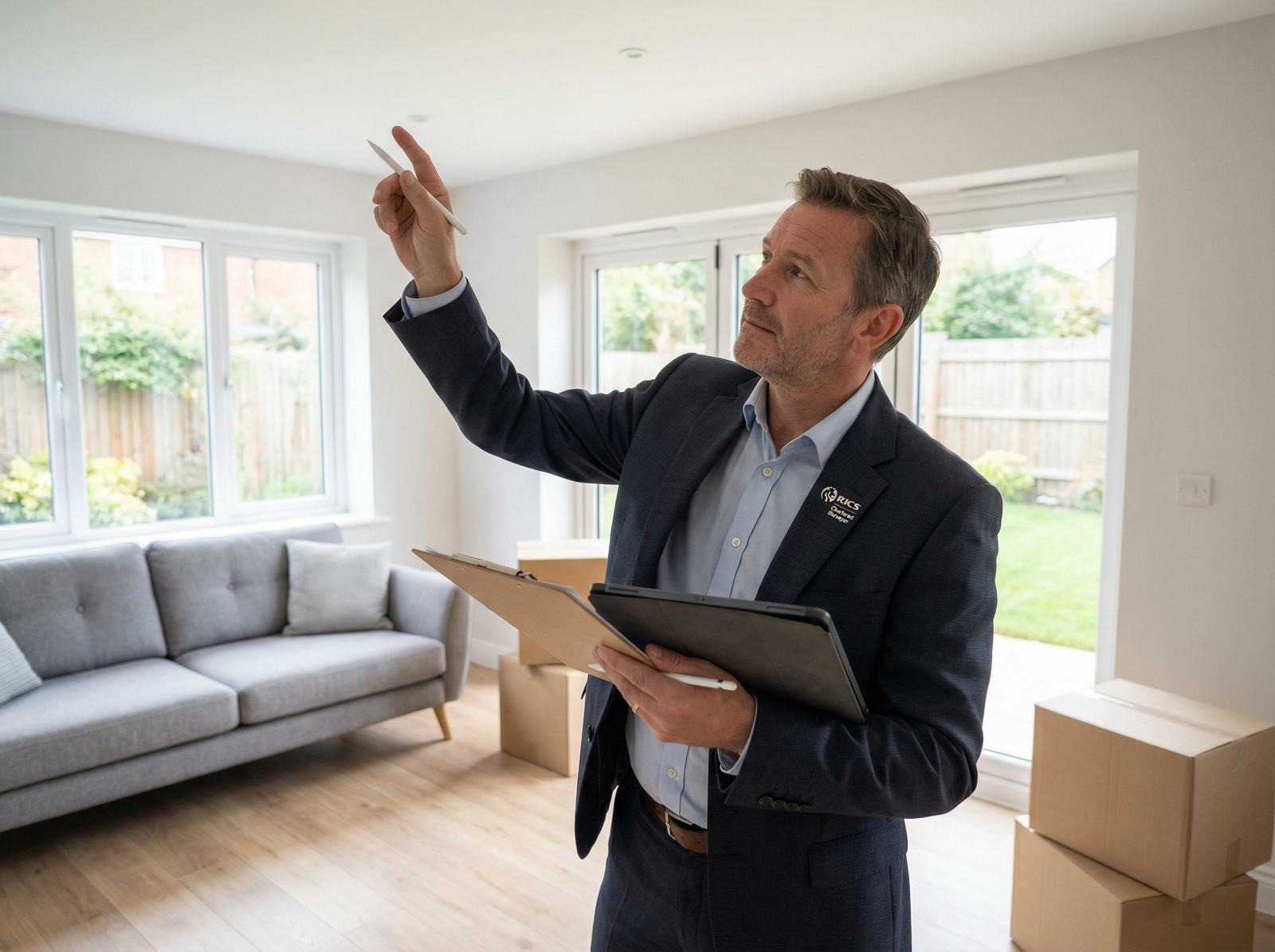 Professional RICS surveyor conducting detailed property inspection