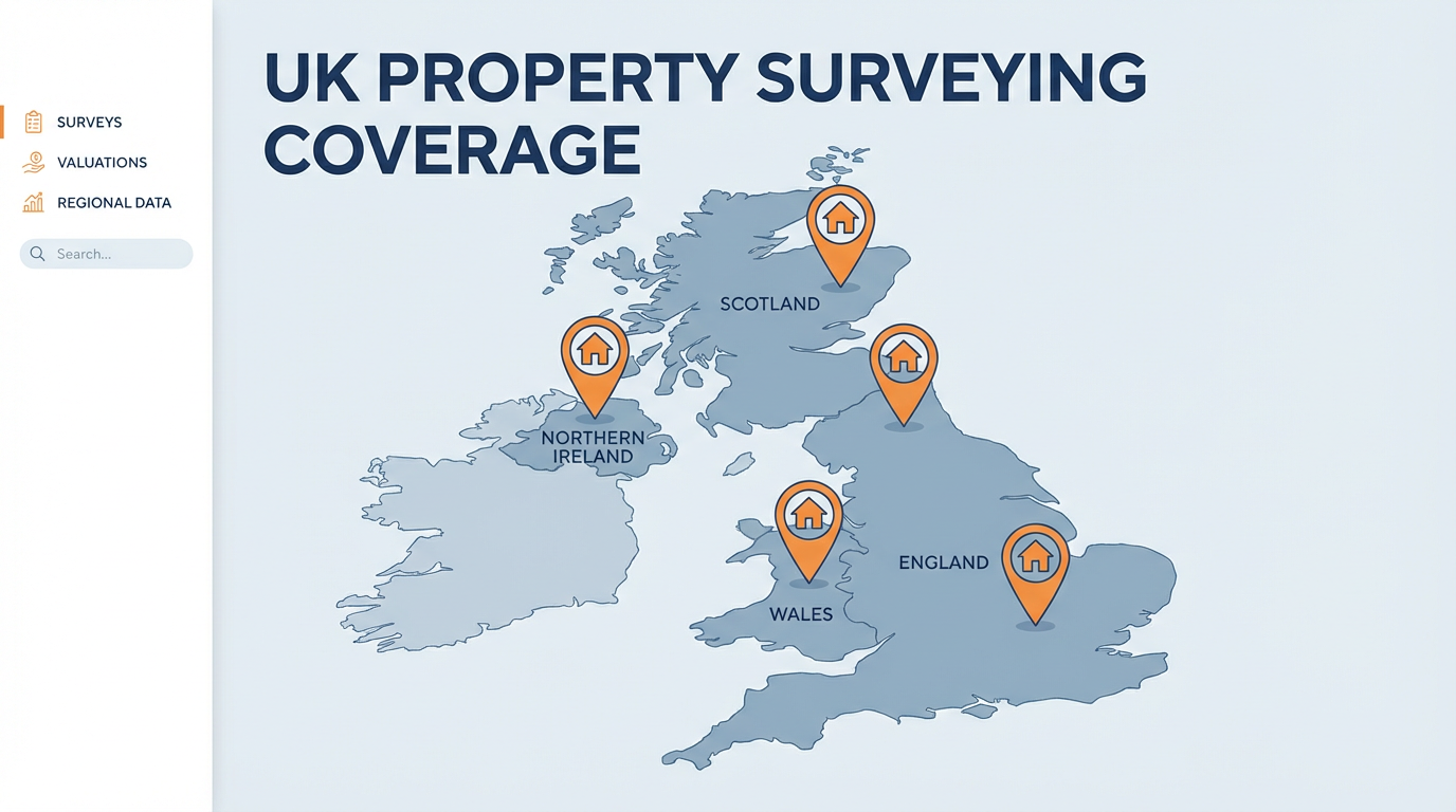 UK coverage map showing property surveying services across England, Scotland, Wales and Northern Ireland